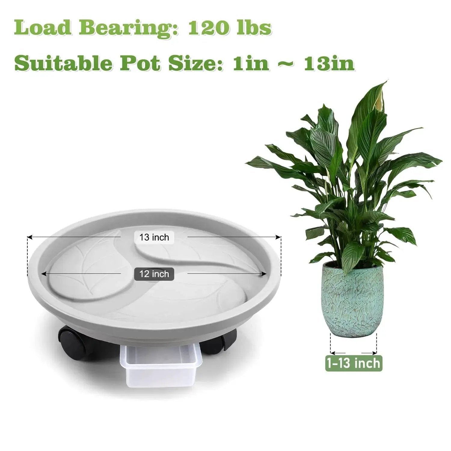 Rolling Plant Caddy With Drainage Tray Set Of 3 For Heavy Duty Planters 13 Inch Diameter shown with load and pot size details