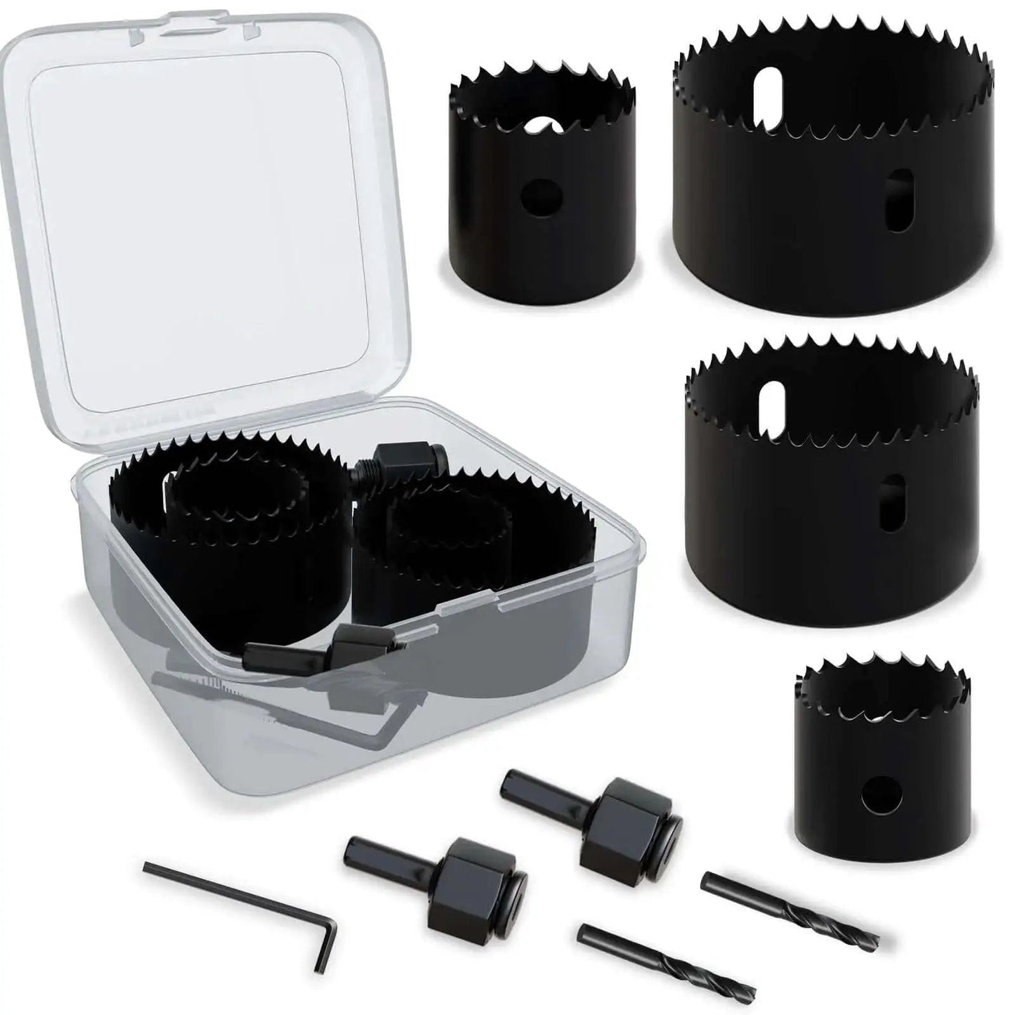 9 Piece Hole Saw Kit With Mandrel And Accessories For Soft Wood PVC Board And Home Projects Includes One And One Quarter Inch One And A Half Inch Two Inch And Two And One Eighth Inch Sizes Plus Hex Key Pilot Drills And Arbors For Precise DIY Drilling shown in open case