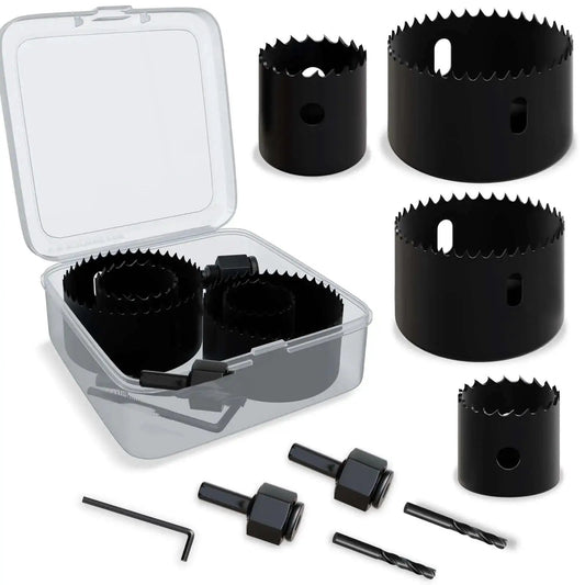 9 Piece Hole Saw Kit With Mandrel And Accessories For Soft Wood PVC Board And Home Projects Includes One And One Quarter Inch One And A Half Inch Two Inch And Two And One Eighth Inch Sizes Plus Hex Key Pilot Drills And Arbors For Precise DIY Drilling shown in open case