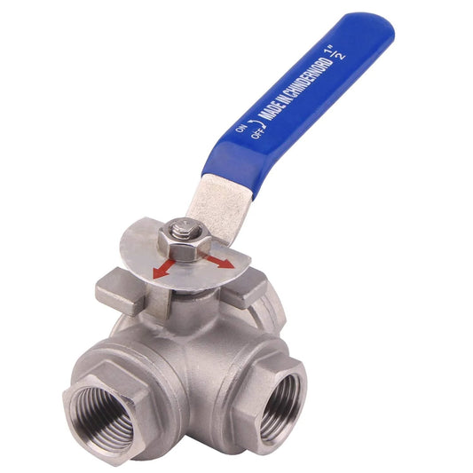 3-Way Ball Valve With L Mounting Pad 1/2 Inch NPT Stainless Steel 304 Female For Water Oil And Gas 1000 PSI Max -20F To 410F Vinyl Locking Handle Threaded Disassembly DERNORD