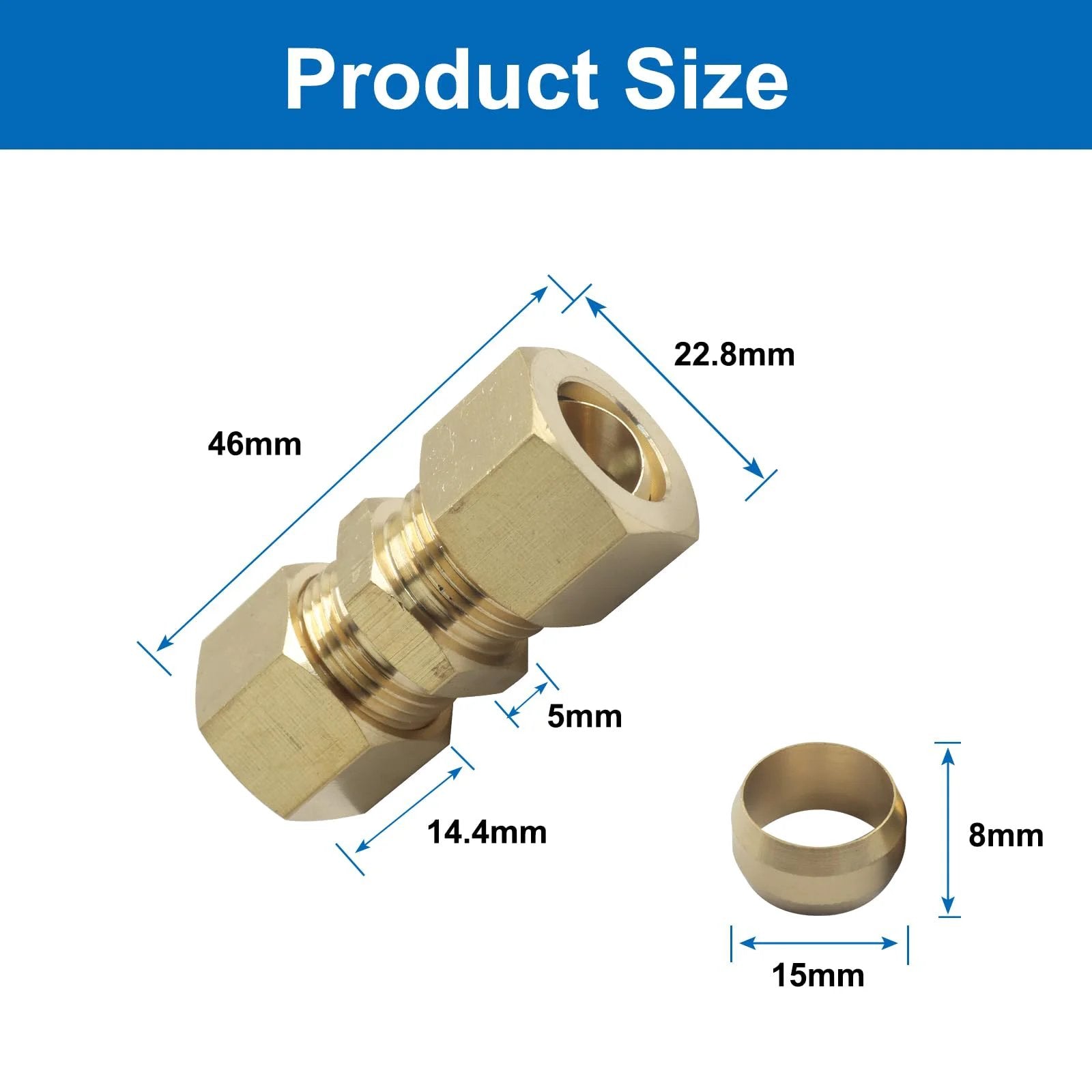 Product size details of Heavy Duty Brass Compression Fittings One Half Inch OD To One Half Inch OD Five Pack Universal Connector