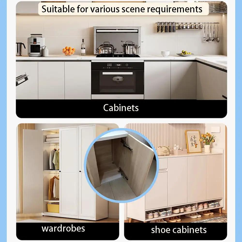 Image showing various uses of Sleek Invisible Concealed Hydraulic Buffer Cabinet Hinges For Effortless Quiet Closing And Space Saving Design, Built With Heavy Duty Rust Resistant Steel For Wardrobes And Various Doors, Includes A Handy Set Of Four Pieces For Easy Installation And Long in a kitchen cabinet, wardrobe, and shoe cabinet.