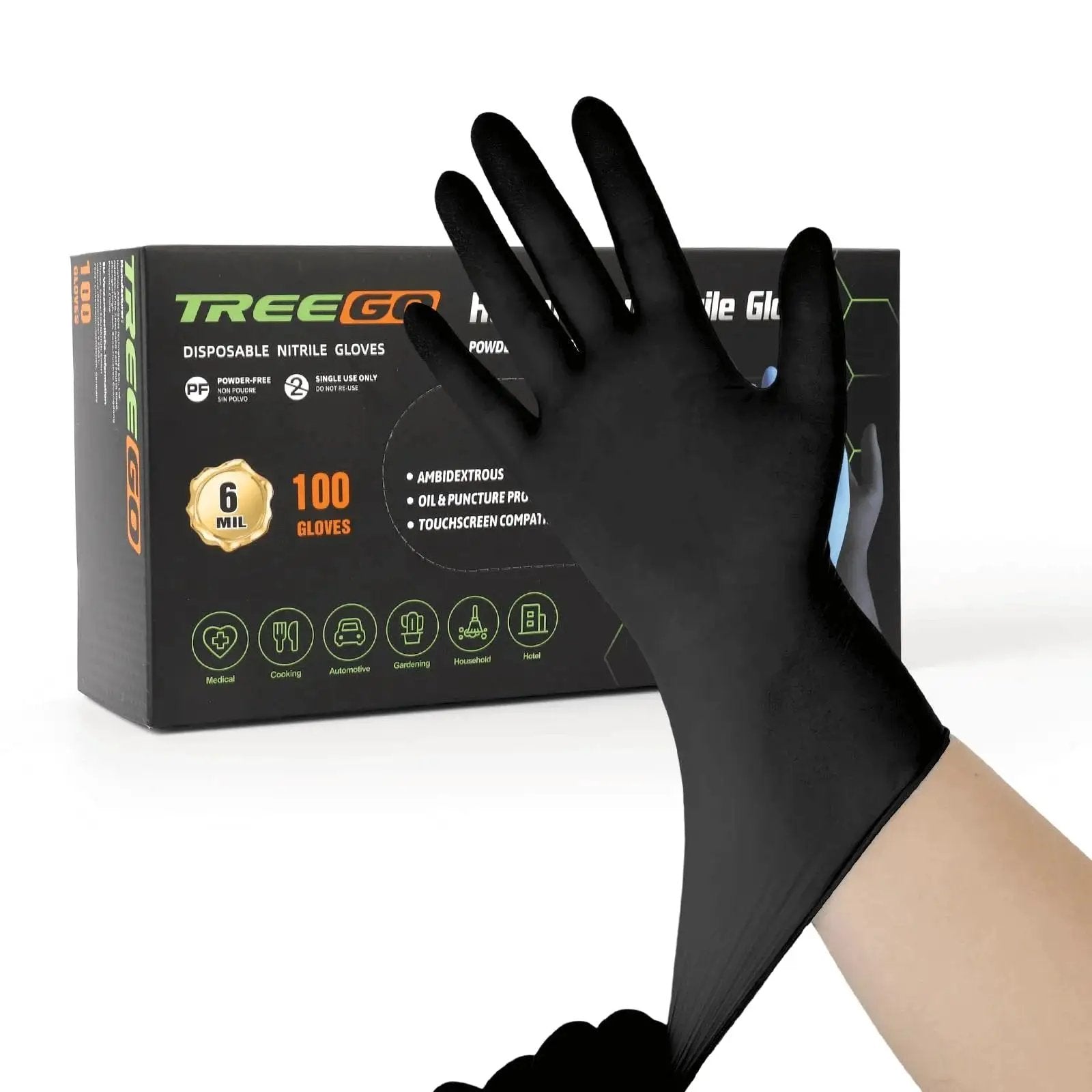 Black Nitrile Gloves 6 Mil Heavy Duty Disposable Textured Grip Powder Free box with glove being worn.