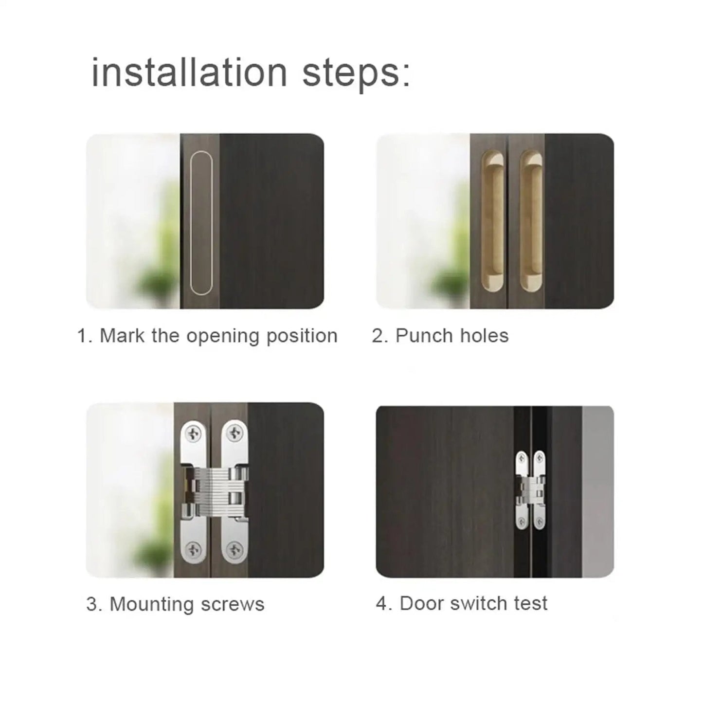 Installation steps for 180 Degree Concealed Hinge For Folding Doors And Screens Beefy Heavy Duty Hidden Door Hardware