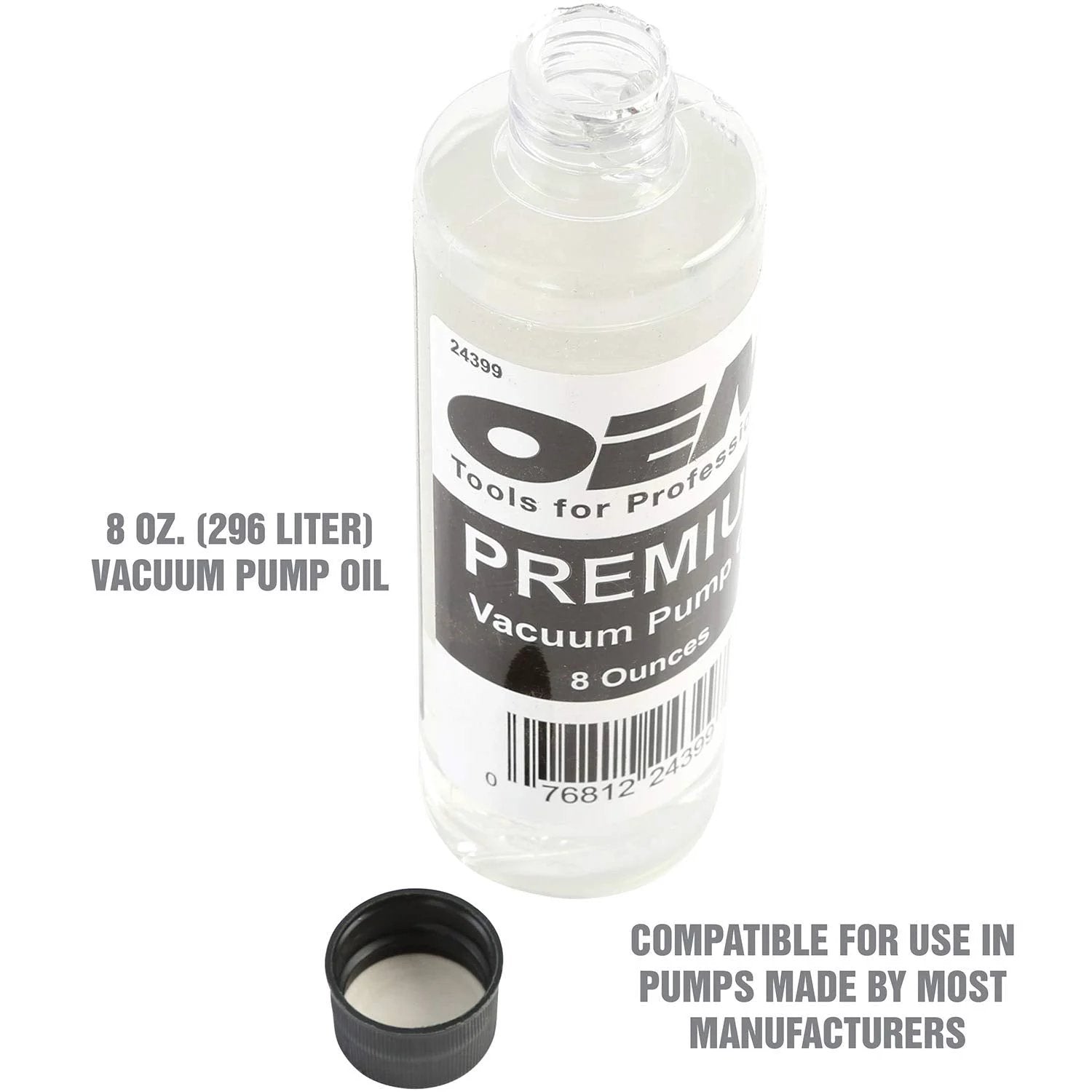 Pro Grade 8 Oz Vacuum Pump Oil Hydrotreated For Consistent Viscosity In Extreme Temps bottle with label and open cap