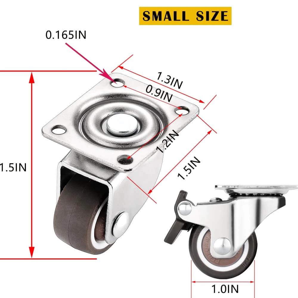 Small Caster Wheels 1" - Low Profile Swivel Casters Set of 4, Quiet Rolling Rubber Plate Wheels for Small Furniture, 2 with Brakes & 2 Without close-up dimensions.