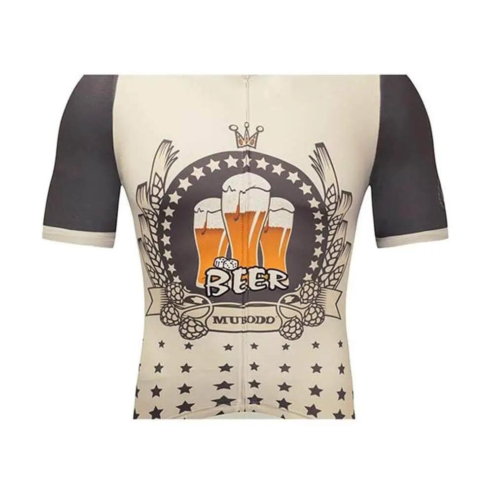 Cycling jersey with beer-themed design, featuring glasses of beer, hops, and stars