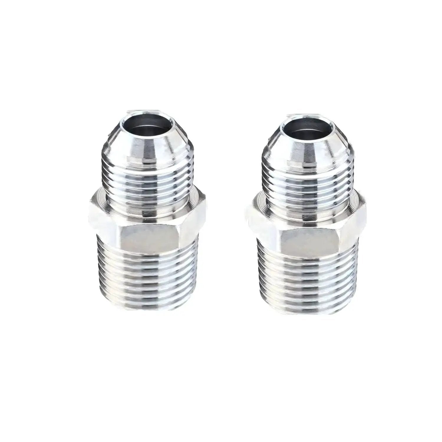 Two Pack Hydraulic Hose Fittings Three Eighths JIC 37 Degree Male To Three Eighths NPT Male Straight Tube Connectors, Front View