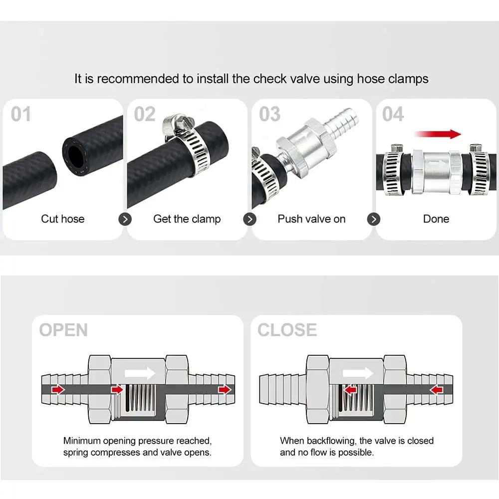 Installation guide for 8mm ID Fuel Non Return One Way Check Valve For Gasoline Diesel Oil And Water Aluminum Alloy Auto Accessory Durable High Temperature Design Perfect For Fuel Lines Long Lasting Convenience 12 Month Warranty with diagrams showing hose and valve connection using clamps.