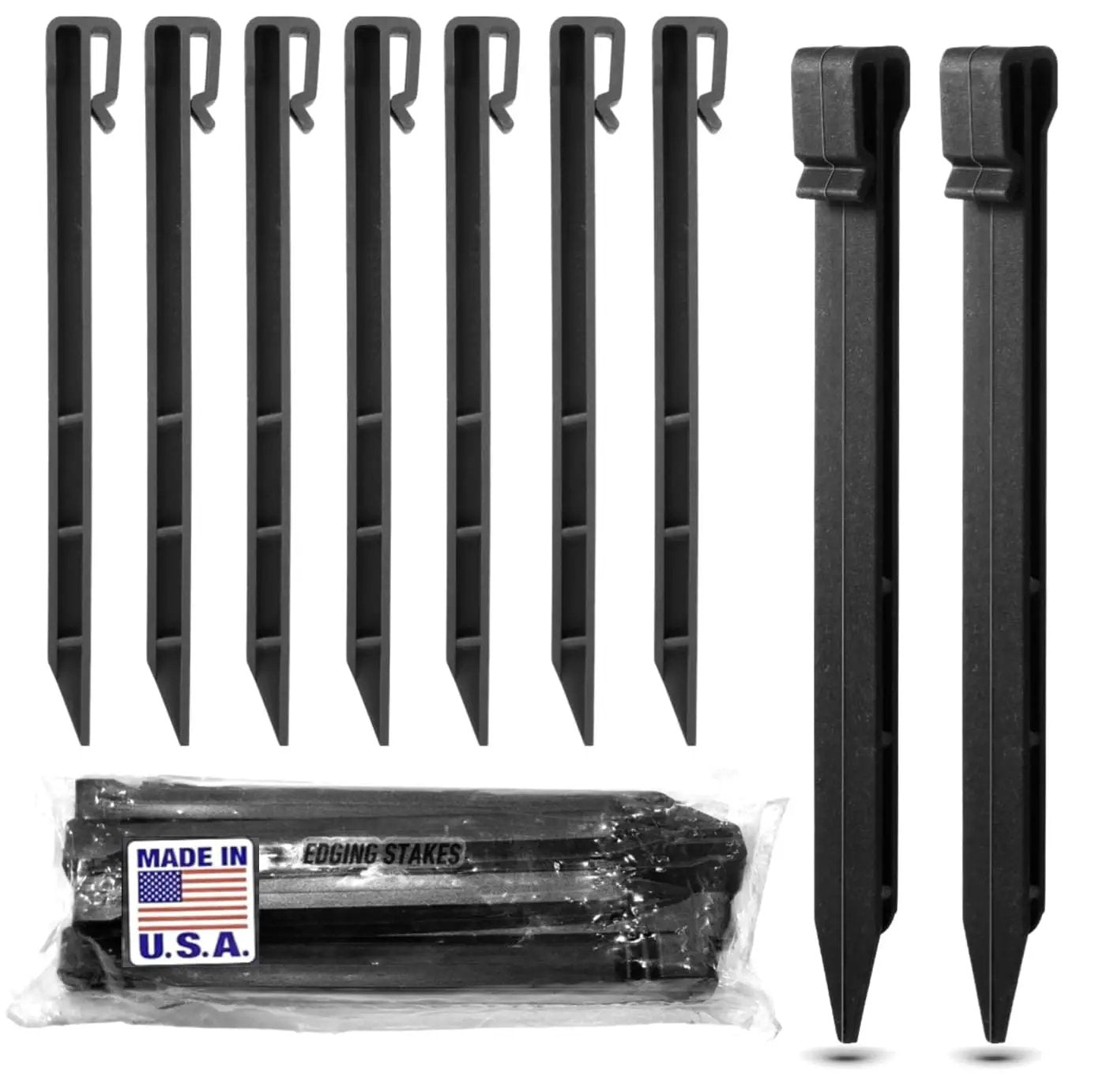 Heavy Duty 10 Inch Plastic Landscape Edging Stakes 50 Pack Black UV Resistant Anchoring Spikes For Edging Gardens Planters Lawn Turf And Terraces Made In USA Fits Most Bender Board Brands Easy Installation With A Rubber Mallet, showing multiple black plastic stakes and packaging.