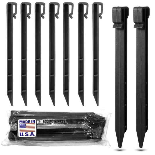 Heavy Duty 10 Inch Plastic Landscape Edging Stakes 50 Pack Black UV Resistant Anchoring Spikes For Edging Gardens Planters Lawn Turf And Terraces Made In USA Fits Most Bender Board Brands Easy Installation With A Rubber Mallet, showing multiple black plastic stakes and packaging.