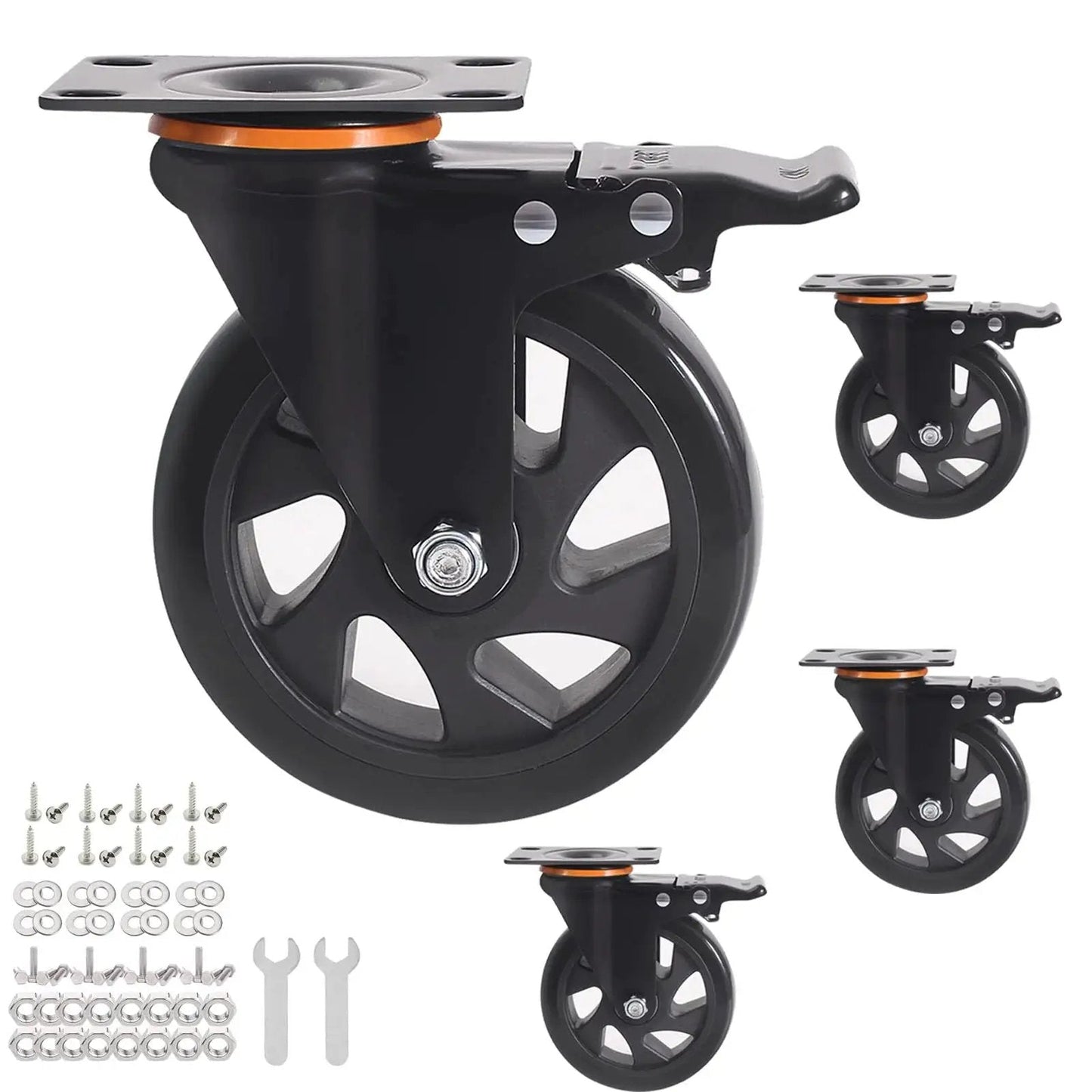5 Inch Heavy Duty Caster Wheels Set Of 4 With Brakes And Dual Locking Safety Casters, includes hardware kits and tools