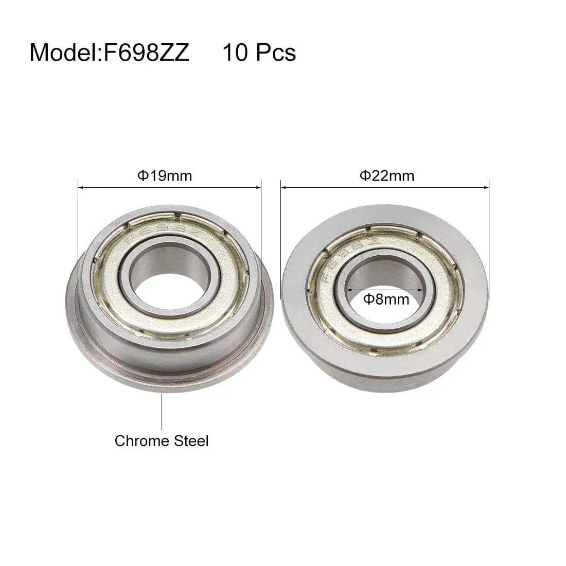 Flanged double-shielded deep groove ball bearings F698ZZ 8x19x6 mm flange 22mm chrome steel ABEC1 pack of 10 for motors