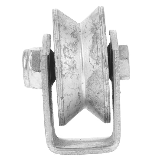 Side view of Heavy Duty V Groove Wheel Pulley Caster for sliding gates, featuring cast iron wheel and rigid bracket with low friction bearings.
