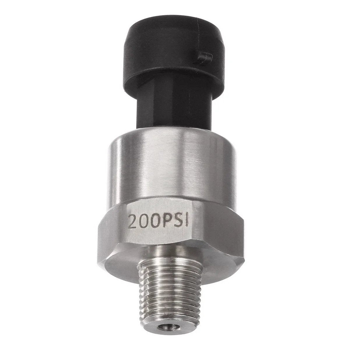Front view of Stainless Steel 200 Psi Pressure Transducer Sensor For Oil Fuel Air Water One Eighth Inch NPT Thread With Connector Harness AUTEX.