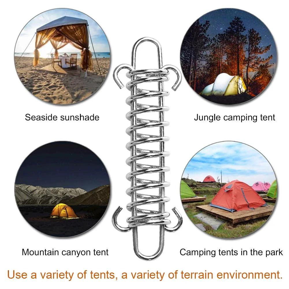 Heavy Duty 10 Pack 304 Stainless Steel Tent Springs For Windproof Tarp Awning Sun Shade Rope Tension Dog Chain Porch Swing And Outdoor Shelter Stabilization displayed with various tent setups such as seaside sunshade, jungle camping, mountain canyon, and park tents.