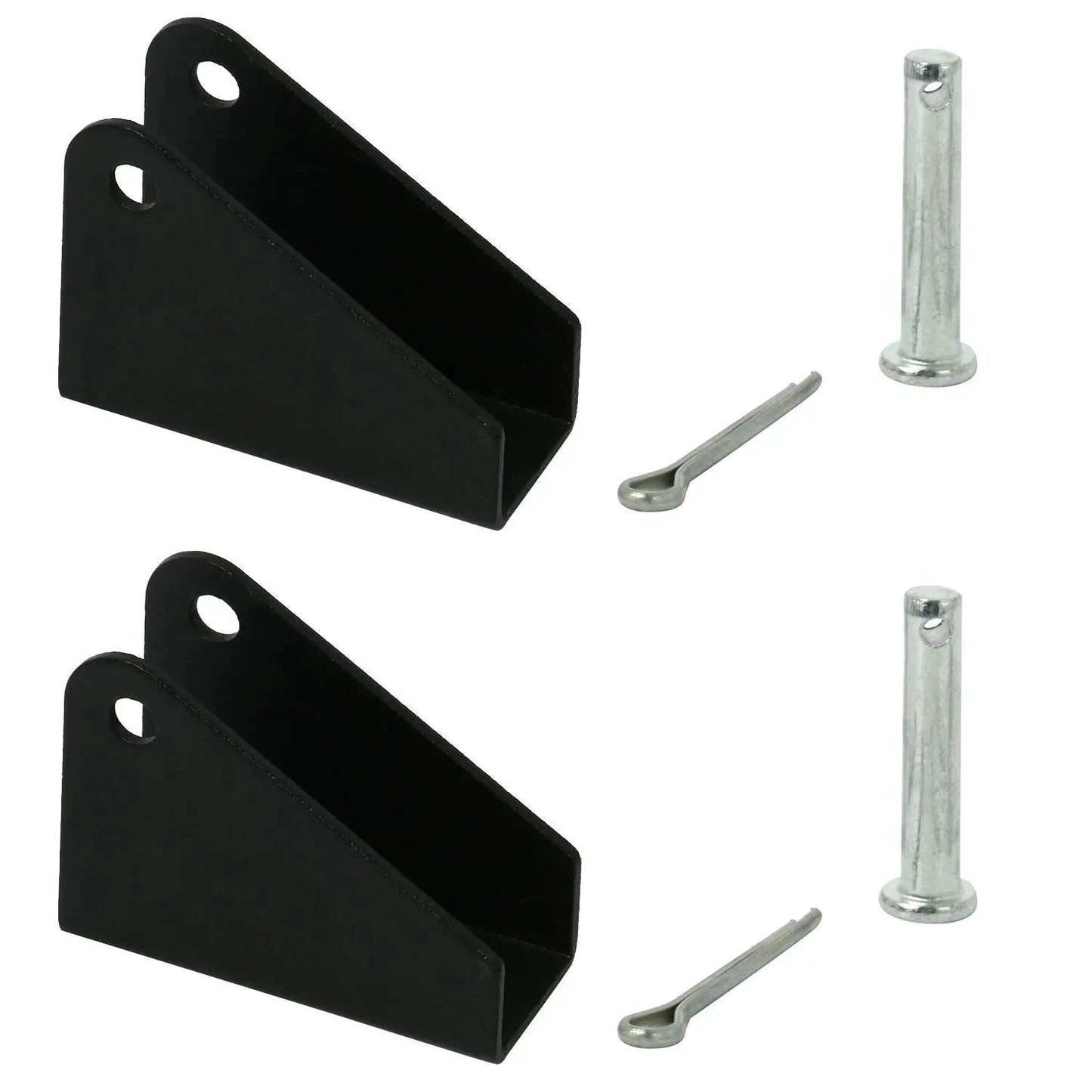 Two Pack Black Heavy Duty Steel Mounting Brackets For Linear Actuators With 6mm Holes And About 20mm Spacing Iron Steel Rust Resistant 350 Lb Load Capacity Fits Most Actuators includes pins and clips.