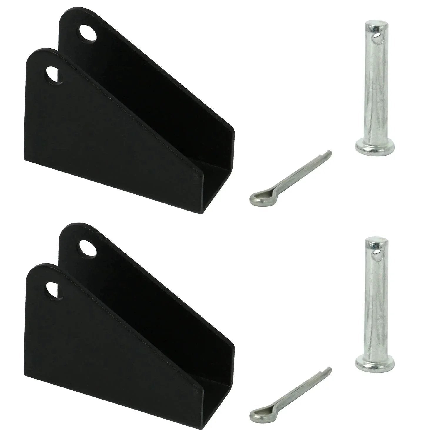 Two Pack Black Heavy Duty Steel Mounting Brackets For Linear Actuators With 6mm Holes And About 20mm Spacing Iron Steel Rust Resistant 350 Lb Load Capacity Fits Most Actuators includes pins and clips.