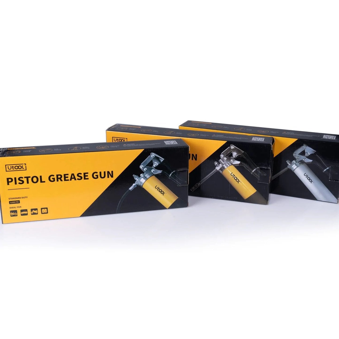 Boxes of Beefy 8000 PSI Grease Gun Kit with Pistol Grip and 14 Oz Capacity displayed on a white surface
