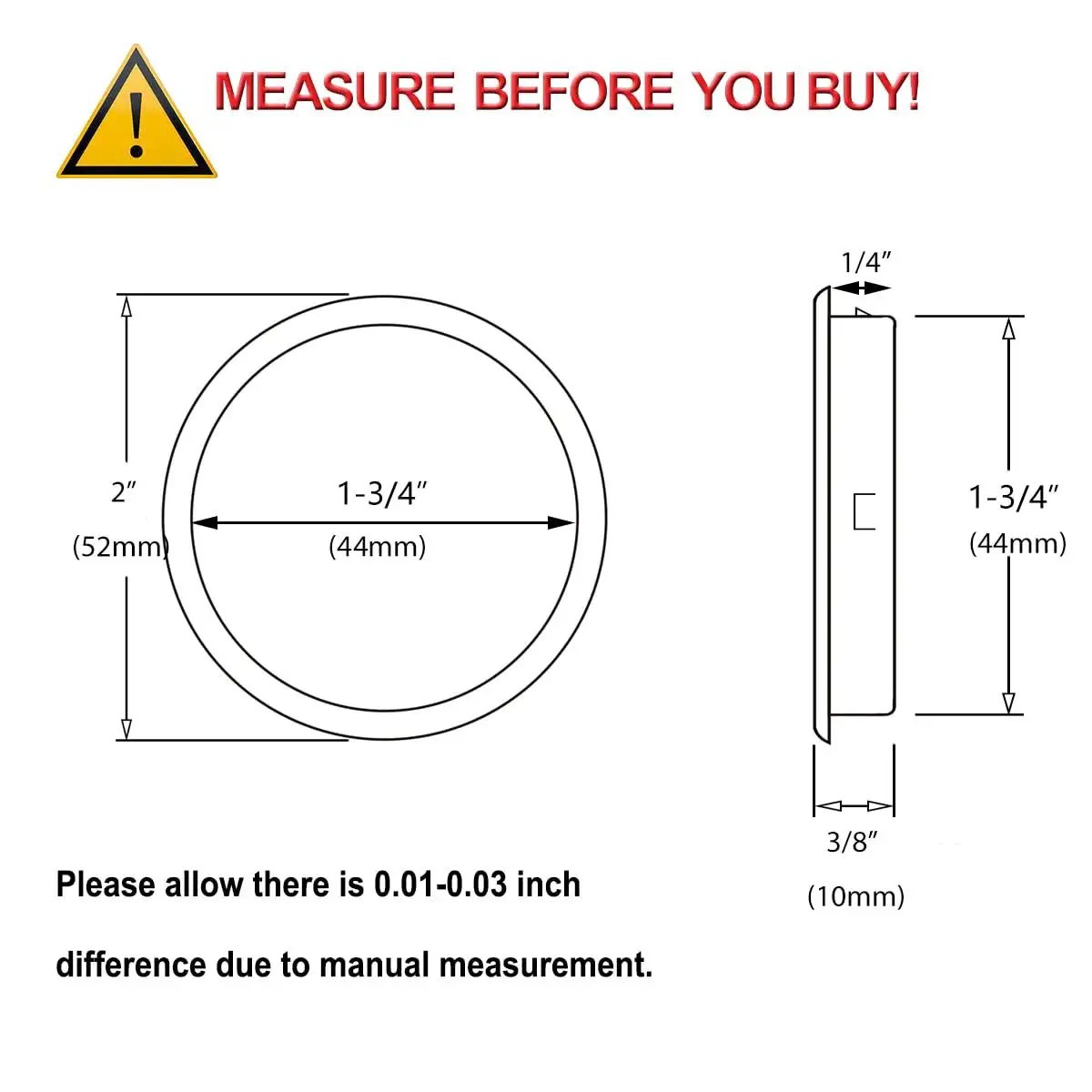 Diagram of 8 Pack Black Closet Door Finger Pulls 1-3/4 Inch Diameter Opening Fits 3/8 Inch Depth Easy Snap In Installation.