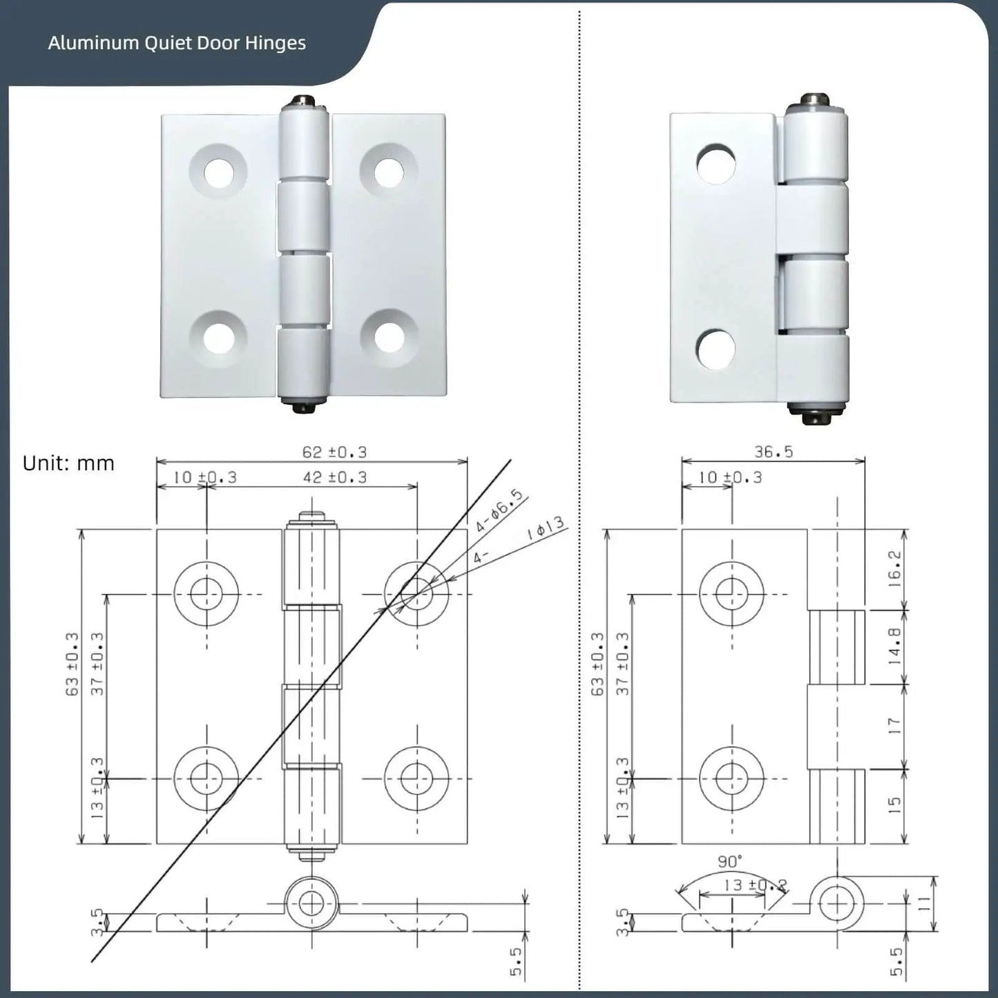 Front and side view of Whisper Quiet Two Point Five Inch Aluminum Door Hinges Four Pack For Cabinets Windows And Furniture Doors With Plastic Bushings Heavy Duty Mortise Hardware Low Dust Reduction For Home And Industrial Use, with technical drawings.