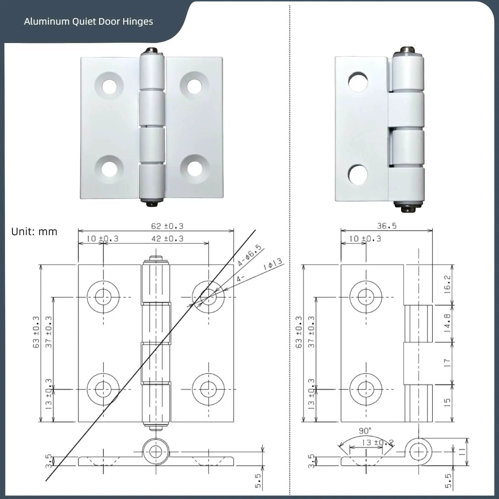Front and side view of Whisper Quiet Two Point Five Inch Aluminum Door Hinges Four Pack For Cabinets Windows And Furniture Doors With Plastic Bushings Heavy Duty Mortise Hardware Low Dust Reduction For Home And Industrial Use, with technical drawings.