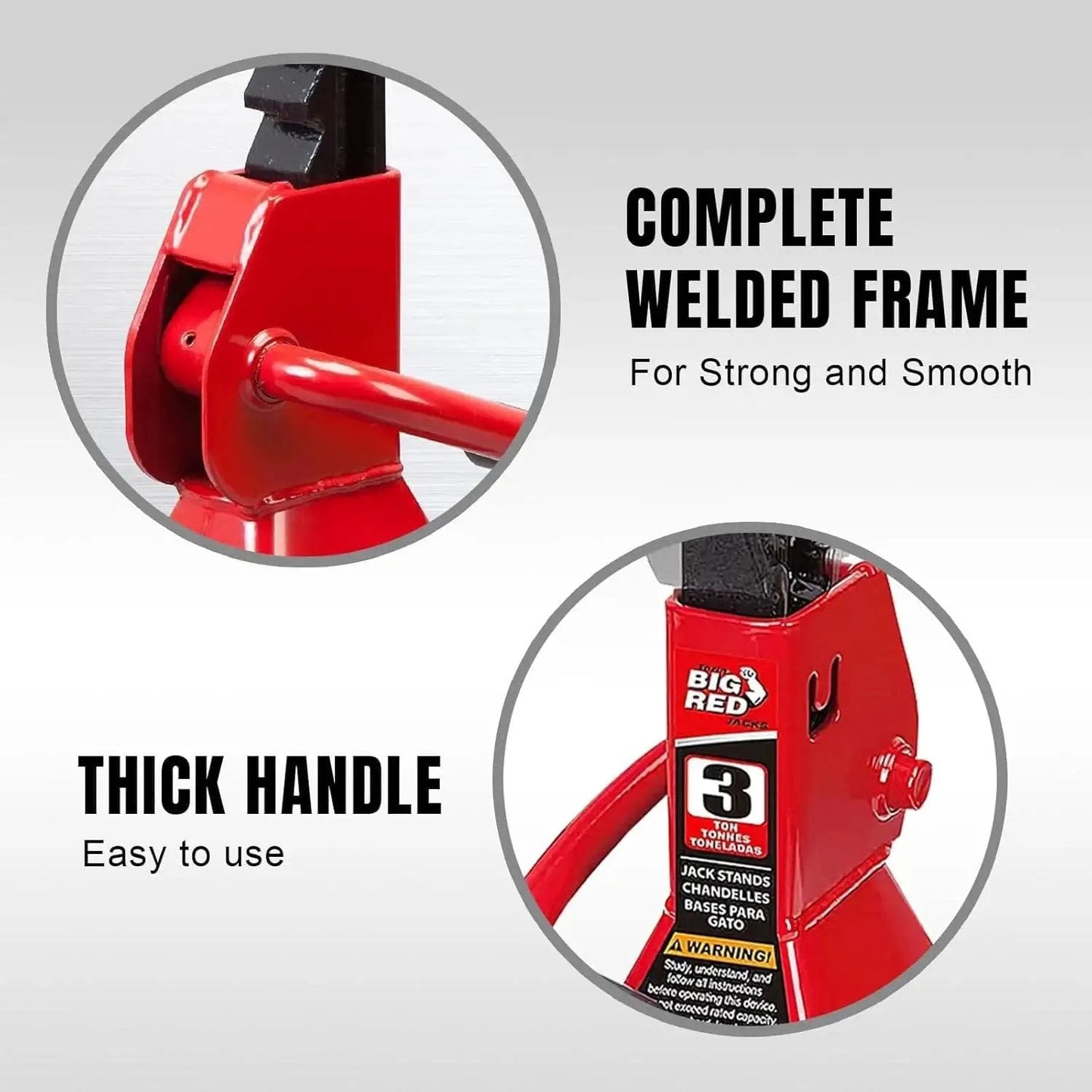 Close-up view of 3 Ton Heavy Duty Steel Jack Stands Pair For Car Lifting Not For SUV Or Truck, showing complete welded frame and thick handle.