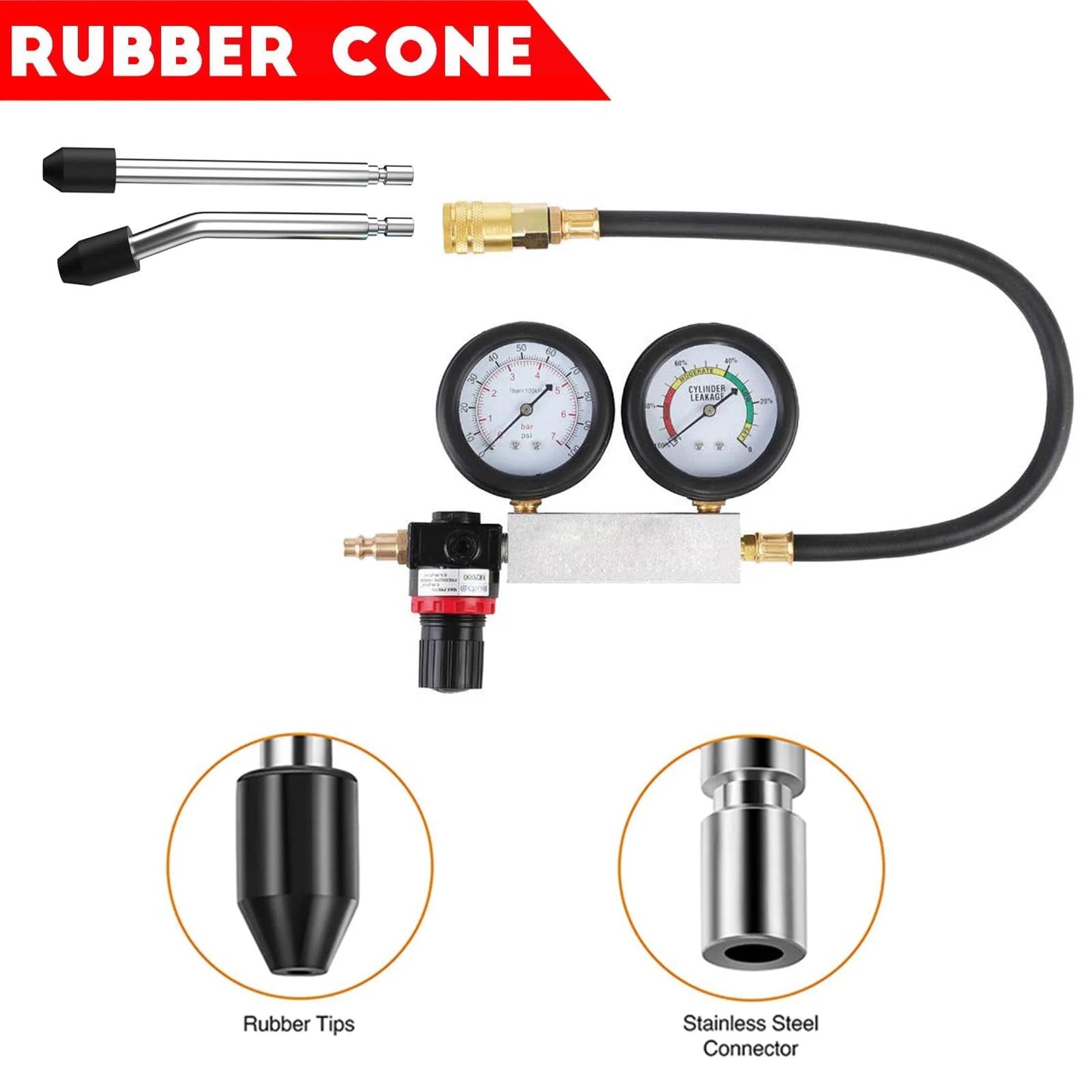 Multi Function Cylinder Leak Down Tester Kit For Gasoline Engines With Dual Gauge Extension Rod And Leakage Rate Test Capabilities showing rubber cones, stainless steel connectors, and dual gauges.