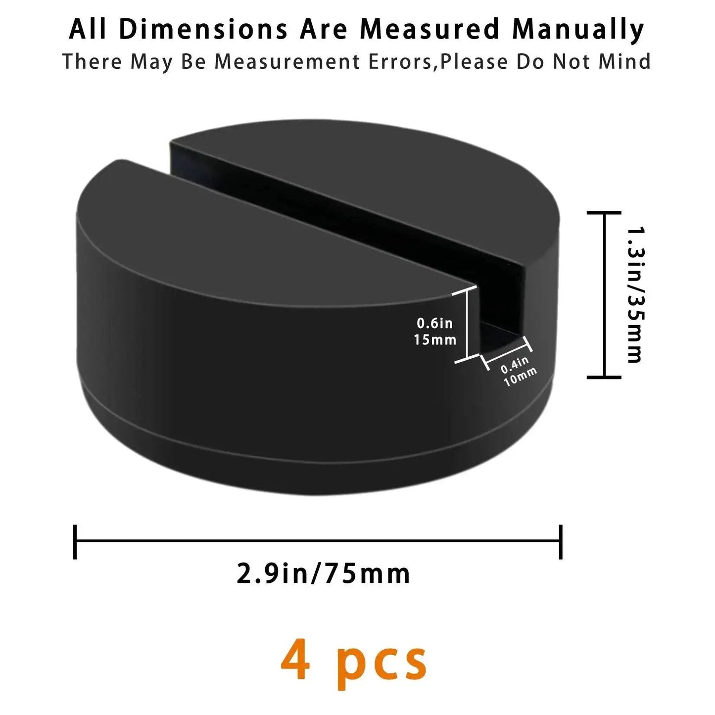4 Pack Floor Jack Pad Adapters 3 Inch Rubber Pinch Welds Protector For Rails, dimensions shown with groove and material details