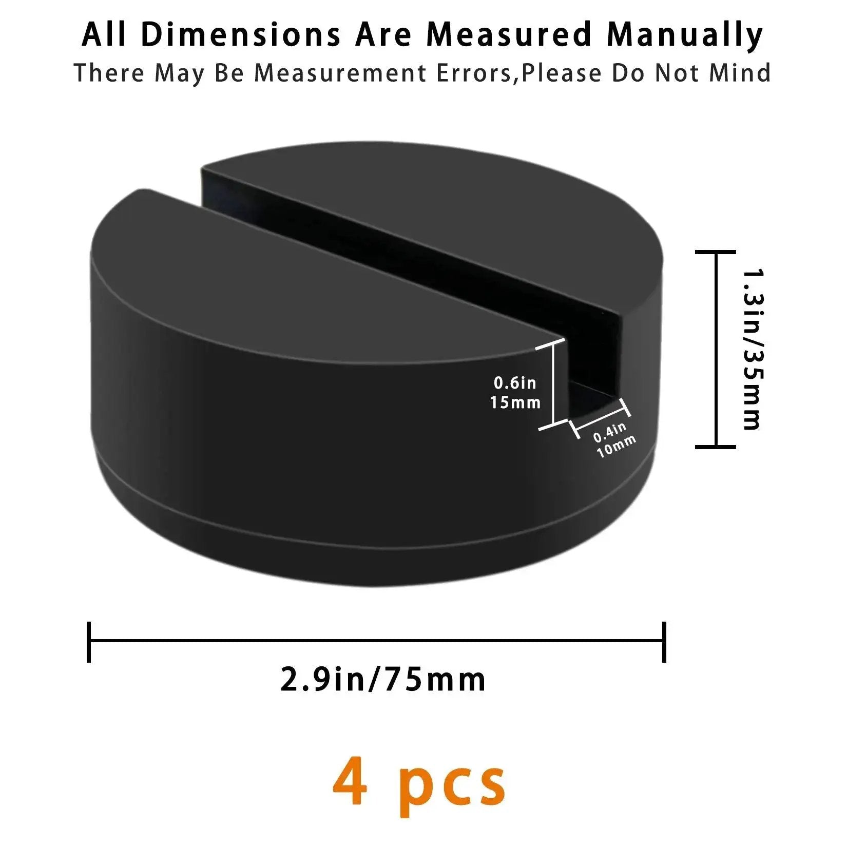 4 Pack Floor Jack Pad Adapters 3 Inch Rubber Pinch Welds Protector For Rails, dimensions shown with groove and material details
