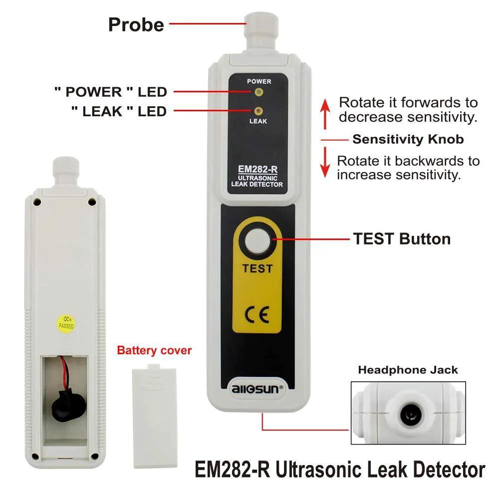 Front and back view of Ultrasonic Vacuum Leakage Detector for HVAC and Automotive Systems with 40KHz Transmitter Dual LED by allsun.