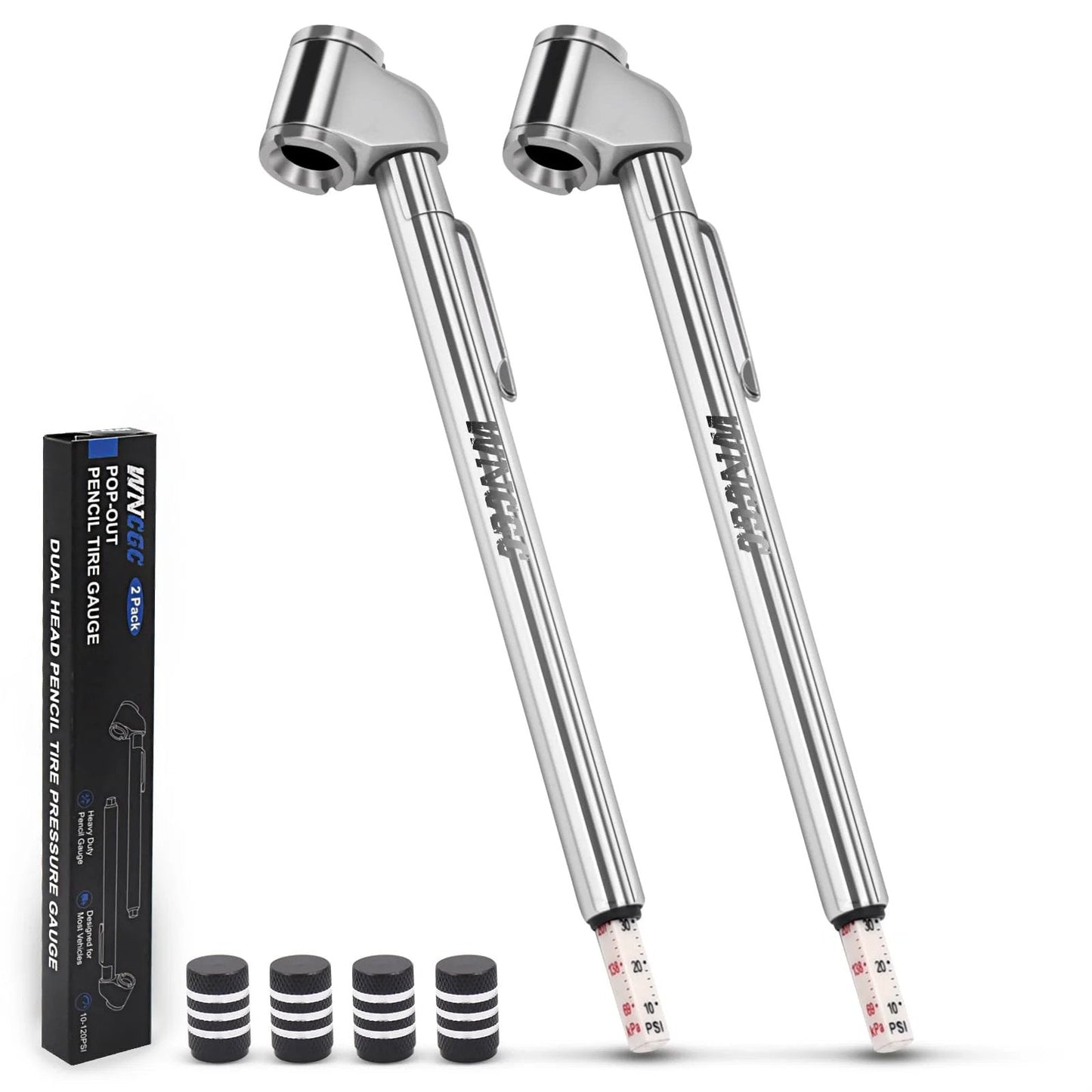Two Pack Pencil Tire Pressure Gauge With Dual Head Metal Chuck 10 To 120 PSI Range Zinc Alloy Construction