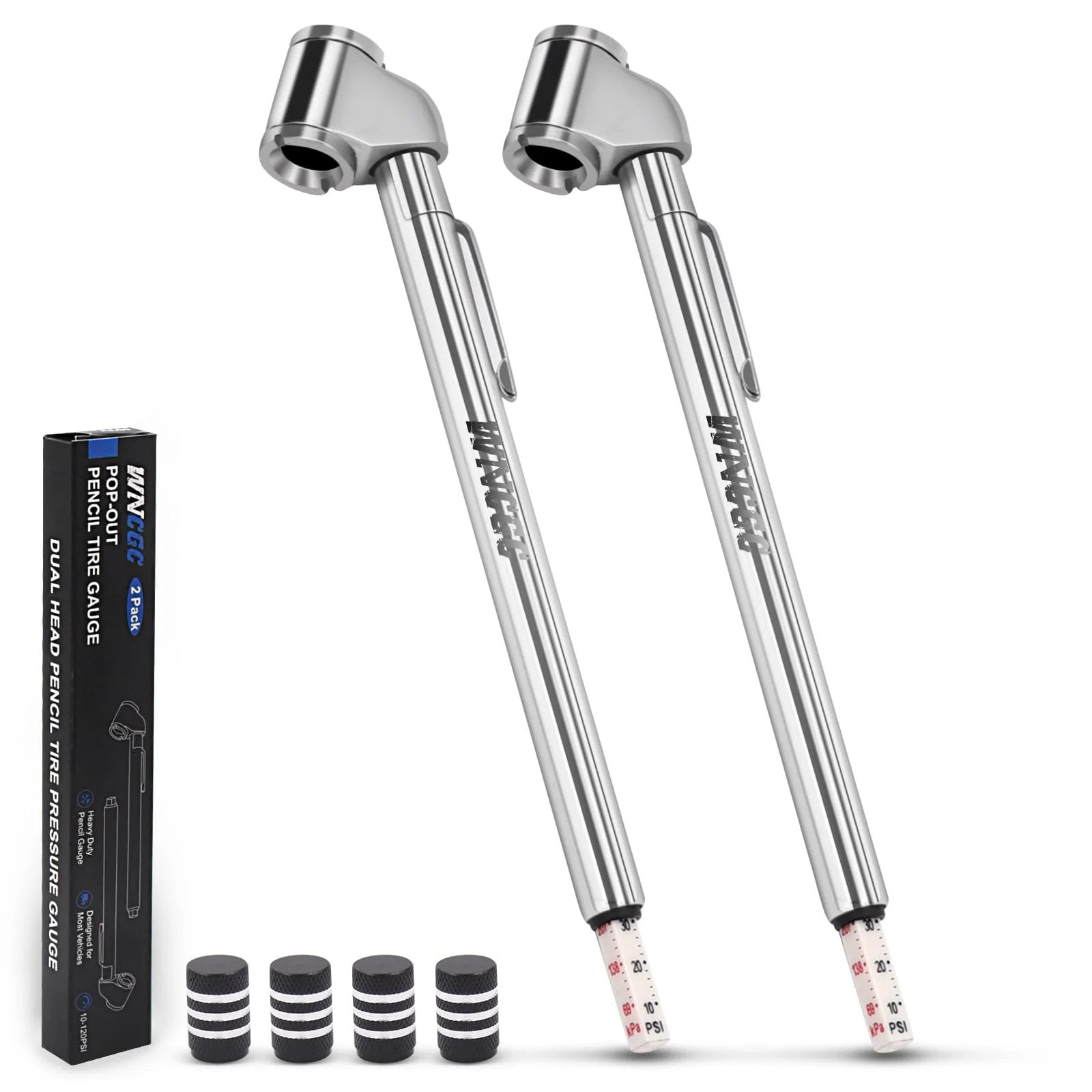 Two Pack Pencil Tire Pressure Gauge With Dual Head Metal Chuck 10 To 120 PSI Range Zinc Alloy Construction