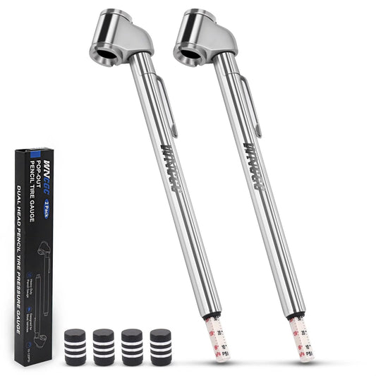 Two Pack Pencil Tire Pressure Gauge With Dual Head Metal Chuck 10 To 120 PSI Range Zinc Alloy Construction