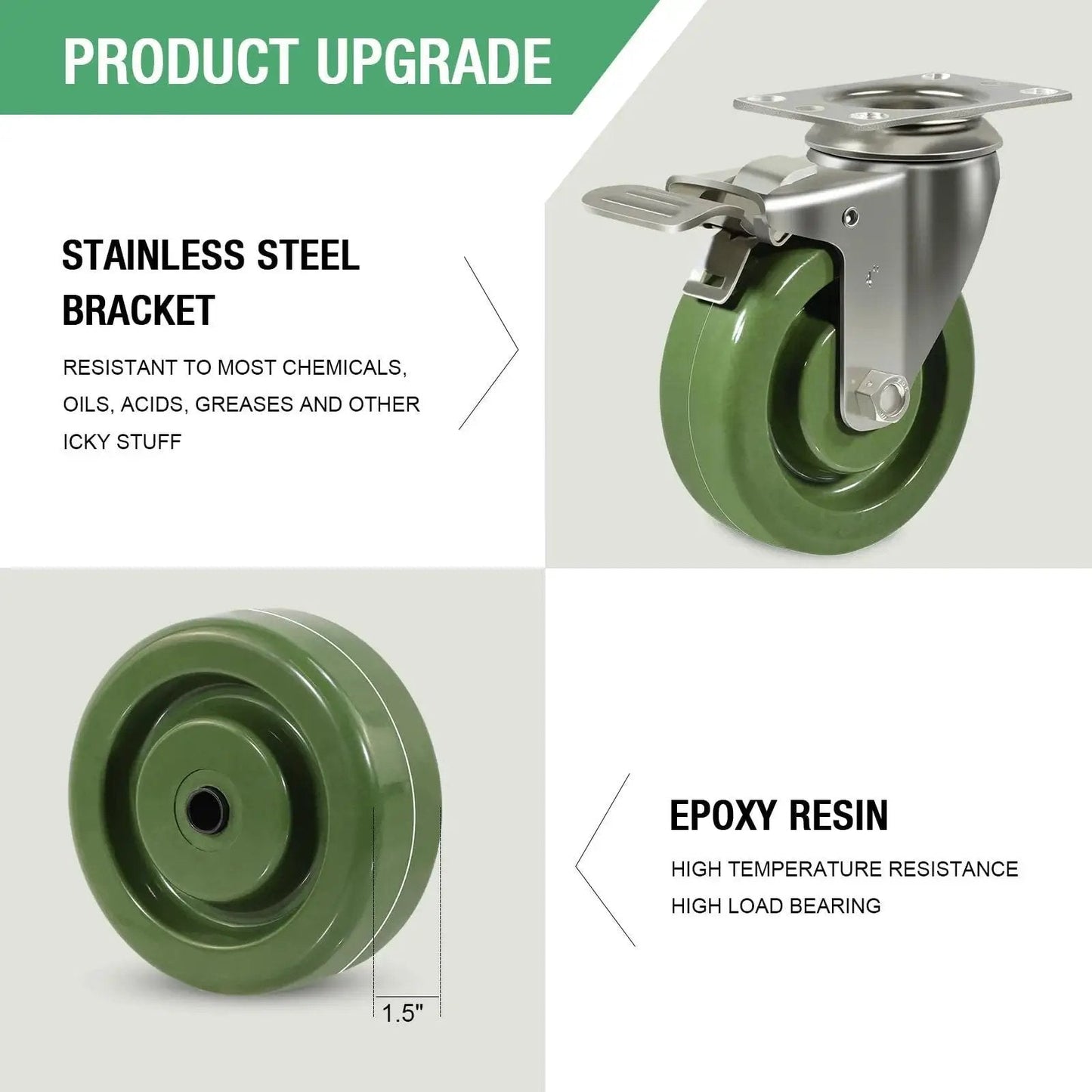 Stainless Steel Caster Set 4 Pack 4X1.5 Inch Beefy Hi Temperature Wheels For Oven Racks Replacement with green epoxy resin wheels