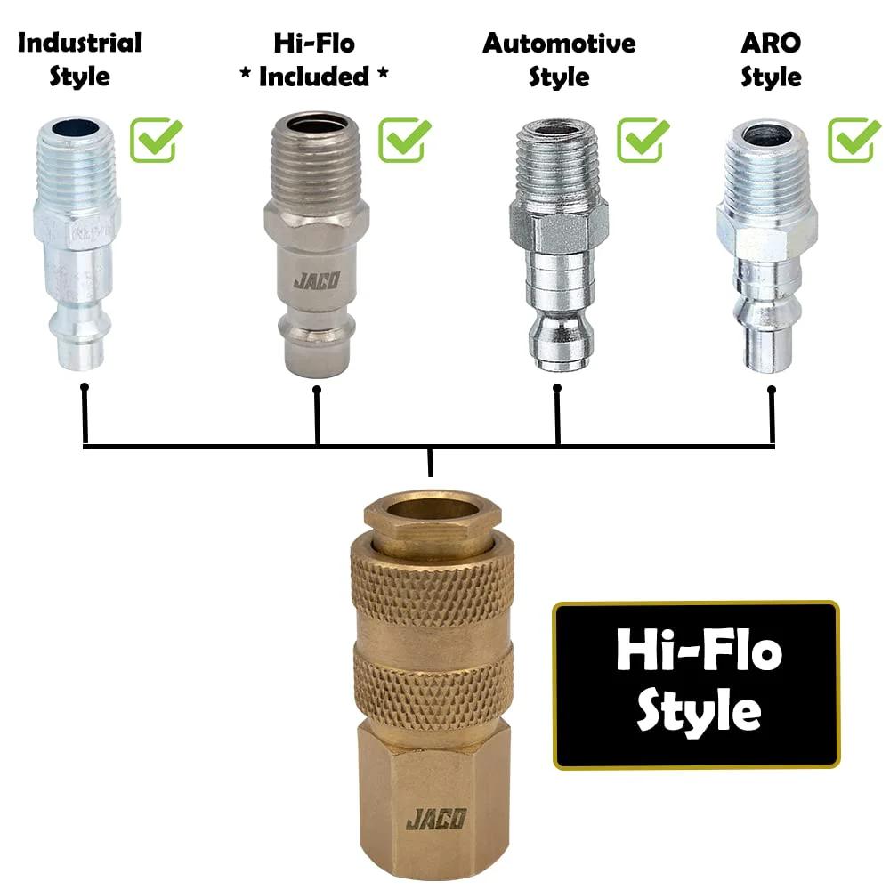 High Flow Quick Connect Air Hose Fittings Set Of Twelve With One Quarter Inch NPT Type V Plug And Coupler Kit For Air Compressors And Tools Brass Couplers And Alloy Plugs Durable Pneumatic Quick Disconnect showing different styles and Hi-Flo type