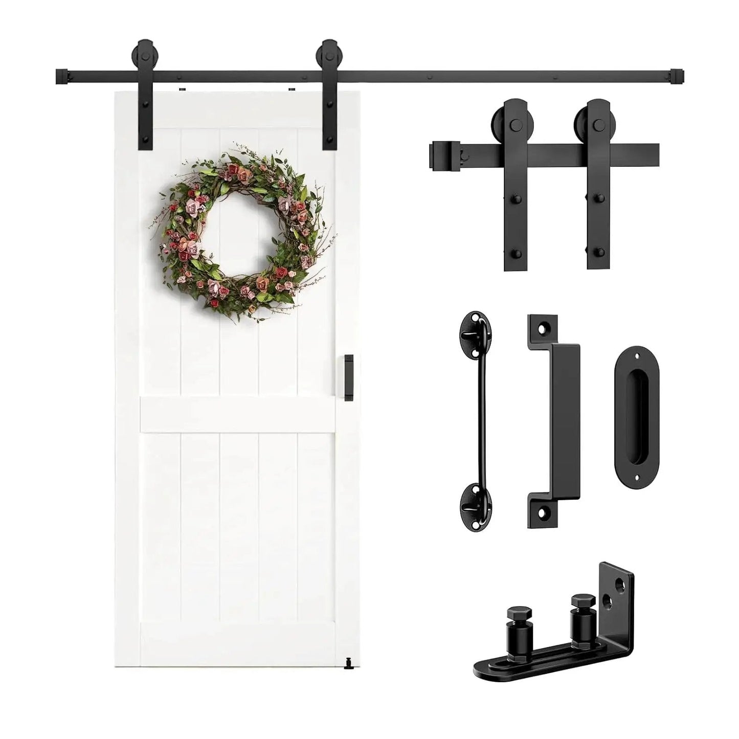 Sliding Barn Door Hardware Kit 6.6 Ft Heavy Duty for Smooth Quiet Operation, Easy Installation With Adjustable Floor Guide, Door Hook And Two Handles, Fits Door Thickness 1 3/8 To 1 3/4 Inches, Includes I Shape Hanger displayed with door and components.