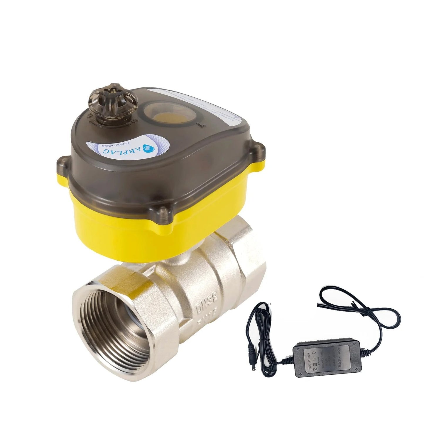 Electric Ball Valve One And A Quarter Inch Full Bore With 24V Actuator And Universal 110 230V Power Adapter Automatic Return Normally Closed Water Valve DN32MM For Easy Plumbing Control And Auto Irrigation Systems shown with power adapter