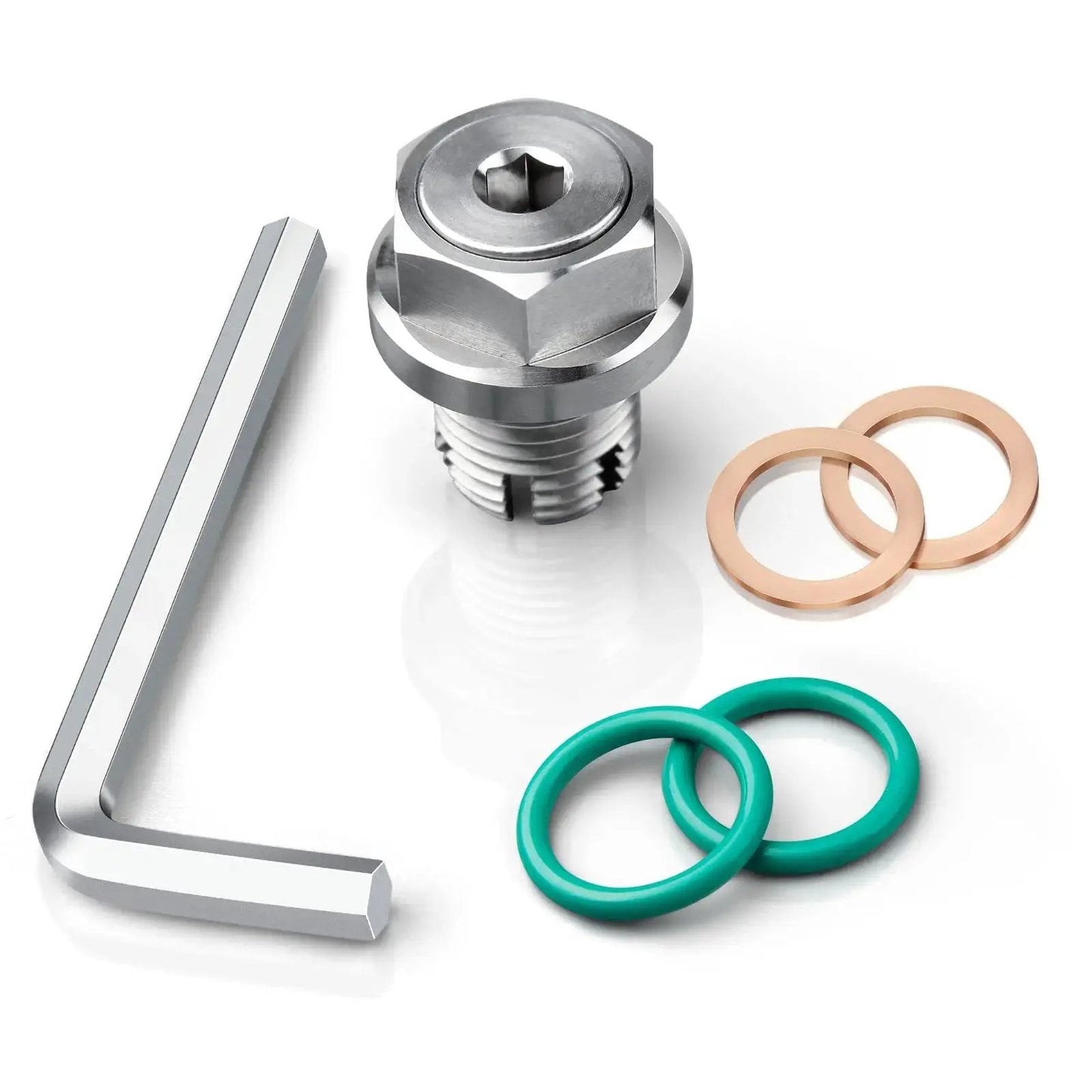 Oversize Piggyback M14.1-1.5 x 15mm Stainless Steel Oil Drain Plug Kit with washers and hex key for oil pan thread repair.