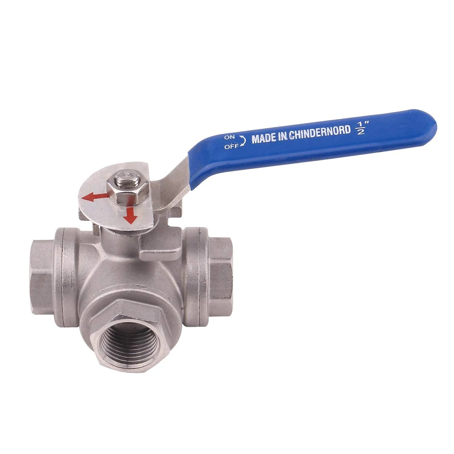 3-Way Ball Valve With L Mounting Pad 1/2 Inch NPT Stainless Steel 304 Female For Water Oil And Gas 1000 PSI Max -20F To 410F Vinyl Locking Handle Threaded Disassembly DERNORD