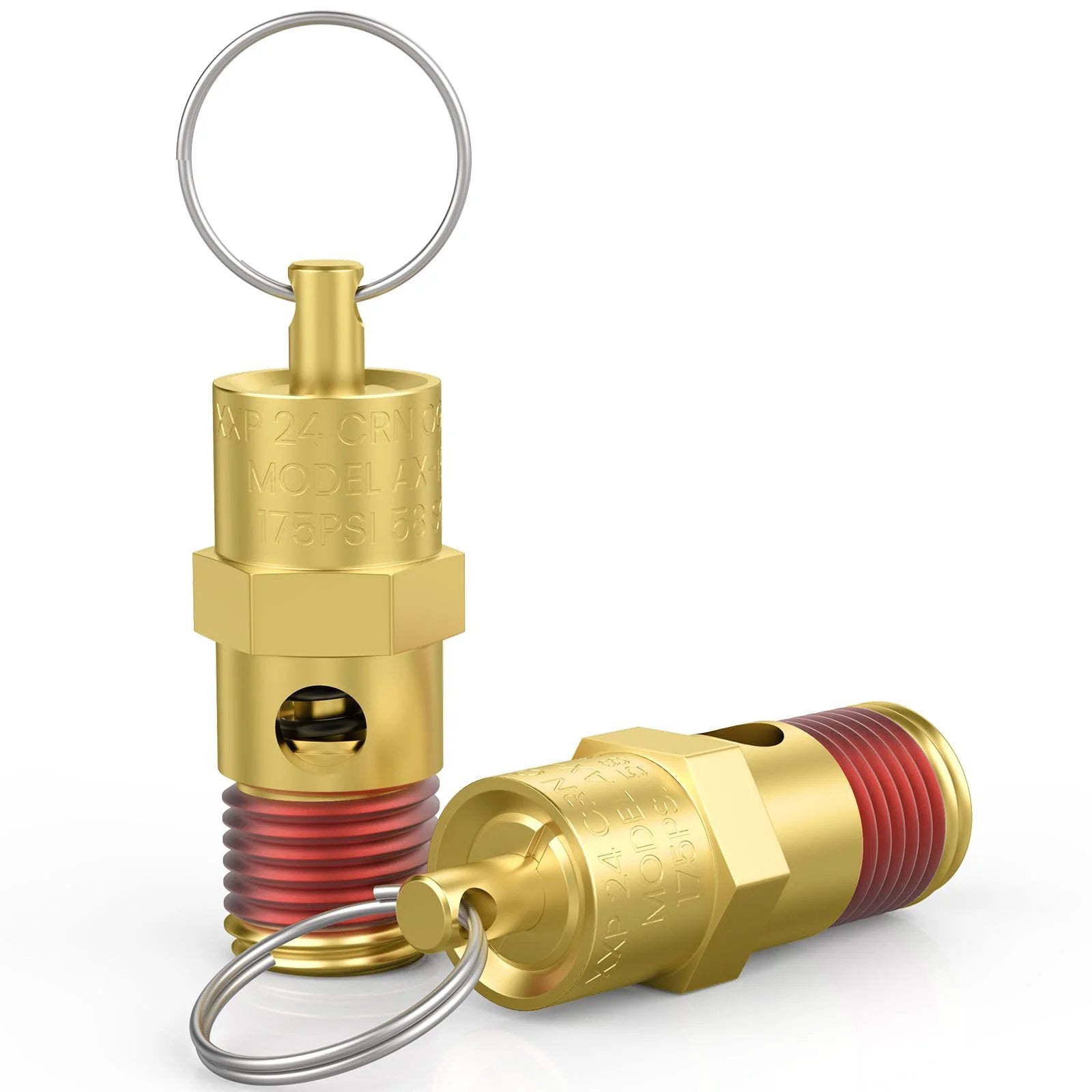 Brass Safety Valve For Air Compressors 175 PSI Pressure Relief One Quarter Inch NPT Male Threads Two Pack Tank Pop Off Valves