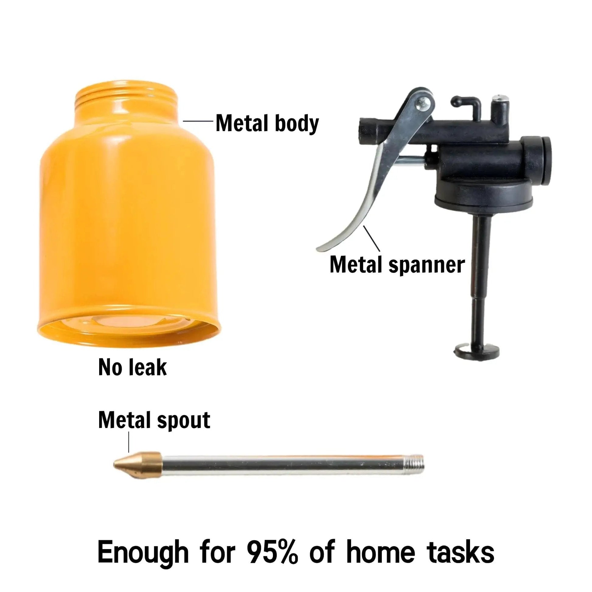 Heavy Duty Hand Pump Oiler With MetalFlex Spout for deep lubrication in chains, bearings, mechanisms; metal body, spanner, spout.