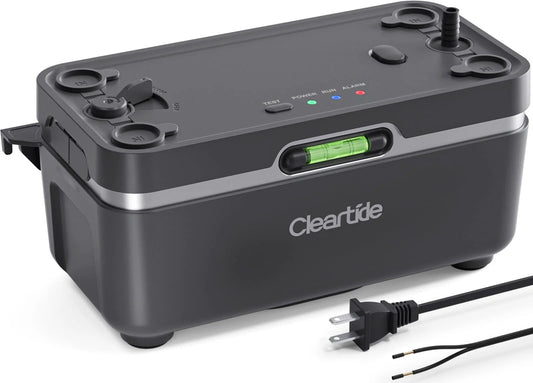 Side view of Super Quiet Condensate Pump For HVAC Systems With Safety Switch, 1/30 HP, 135 GPH, plug and wires shown