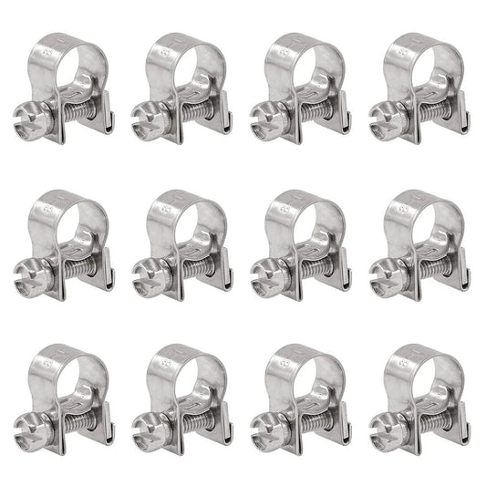 12 Pieces Stainless Steel Mini Fuel Injection Hose Clamps 8 To 10 Millimeter Adjustable Pipe Clips Kit For Automotive DIY And Engine Maintenance Made From 304 Stainless Steel