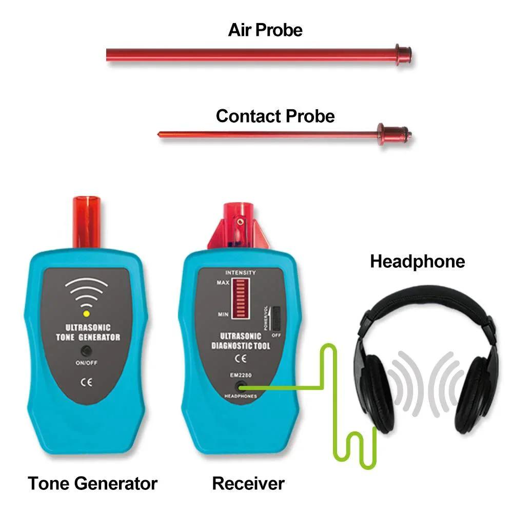 Ultrasonic Leak Detector Stethoscope Kit With 36 To 44kHz Air And Contact Probes For Auto And Industrial Leak Detection