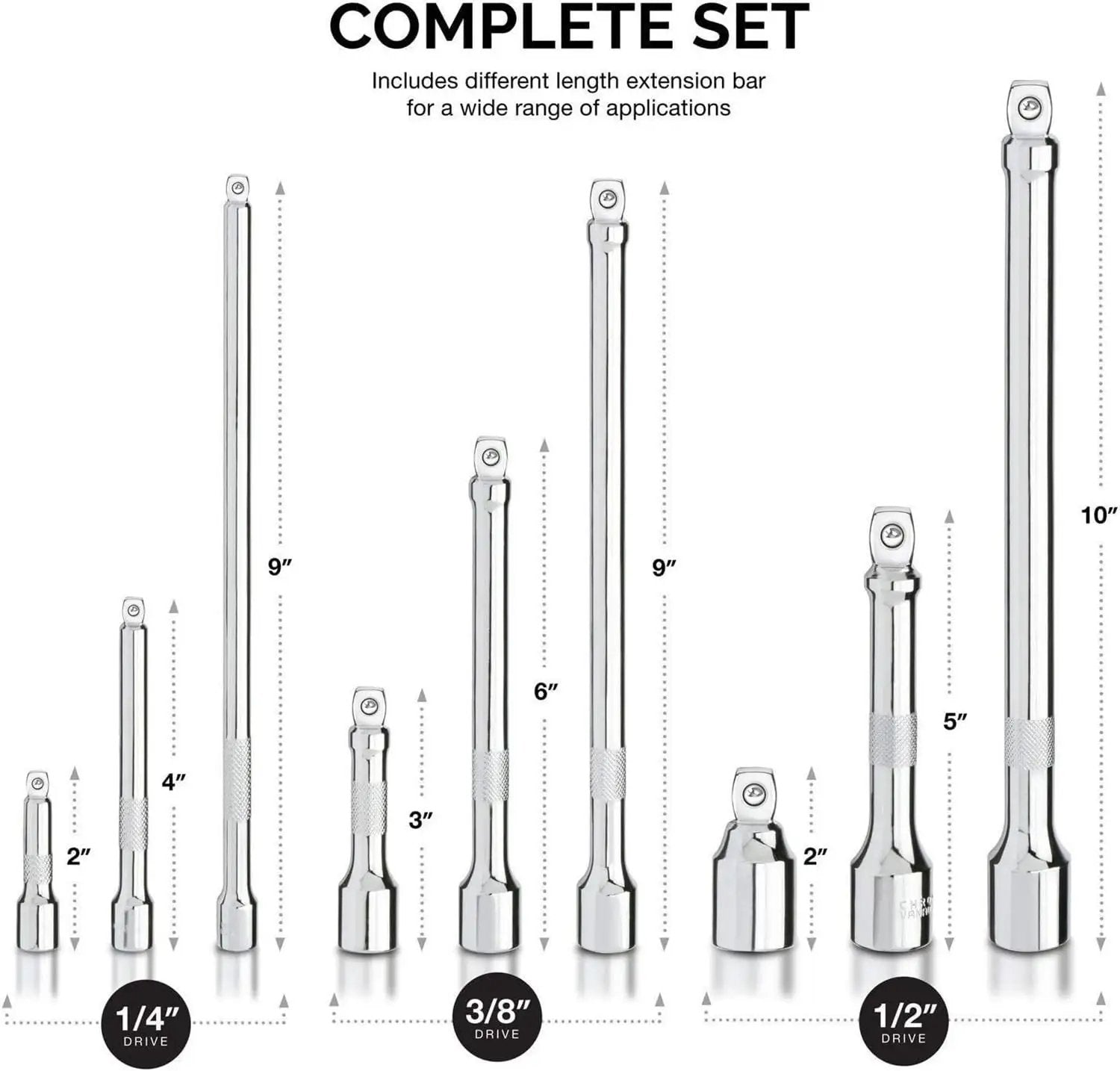 Nine Piece Grab And Go Wobble Extension Bar Set for Sockets With 16 Degree Convex Anvil, Chrome Vanadium Steel Construction, Fits One Quarter Inch, Three Eighths Inch, and One Half Inch Drive Ratchets displayed in varying lengths