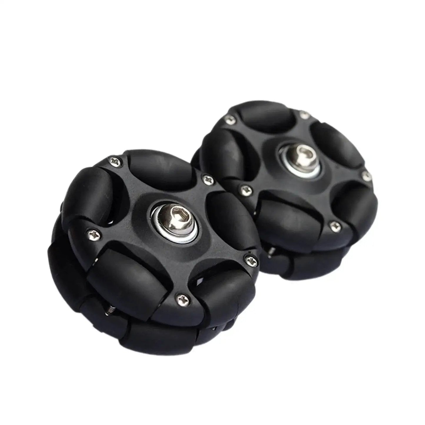 Omni Directional 58mm Folding Bicycle Rear Wheel Set With Roller Wheels, black with nylon body and bearings, side view.