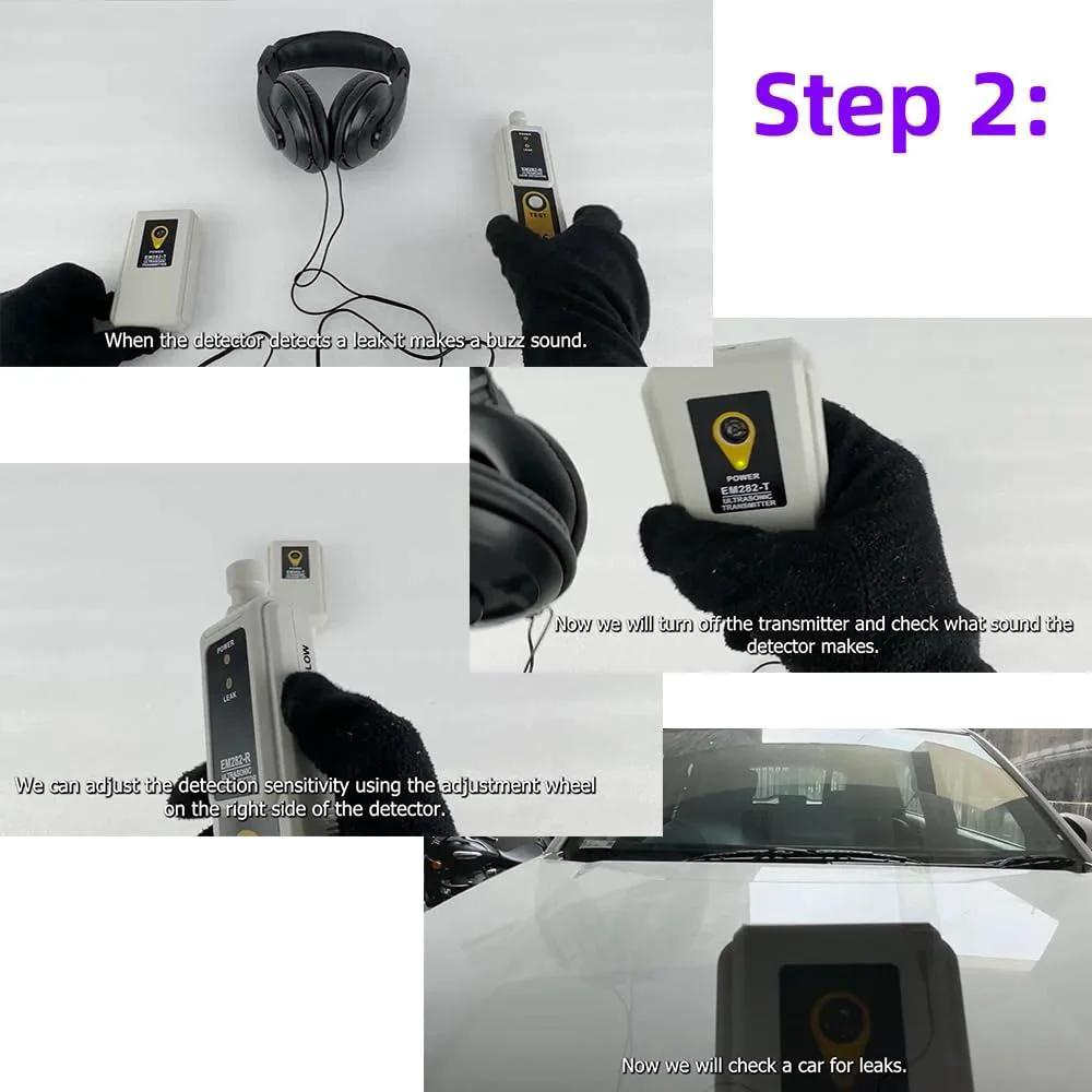 Ultrasonic Vacuum Leakage Detector for HVAC and Automotive Systems with 40KHz Transmitter and headphones, held by a person