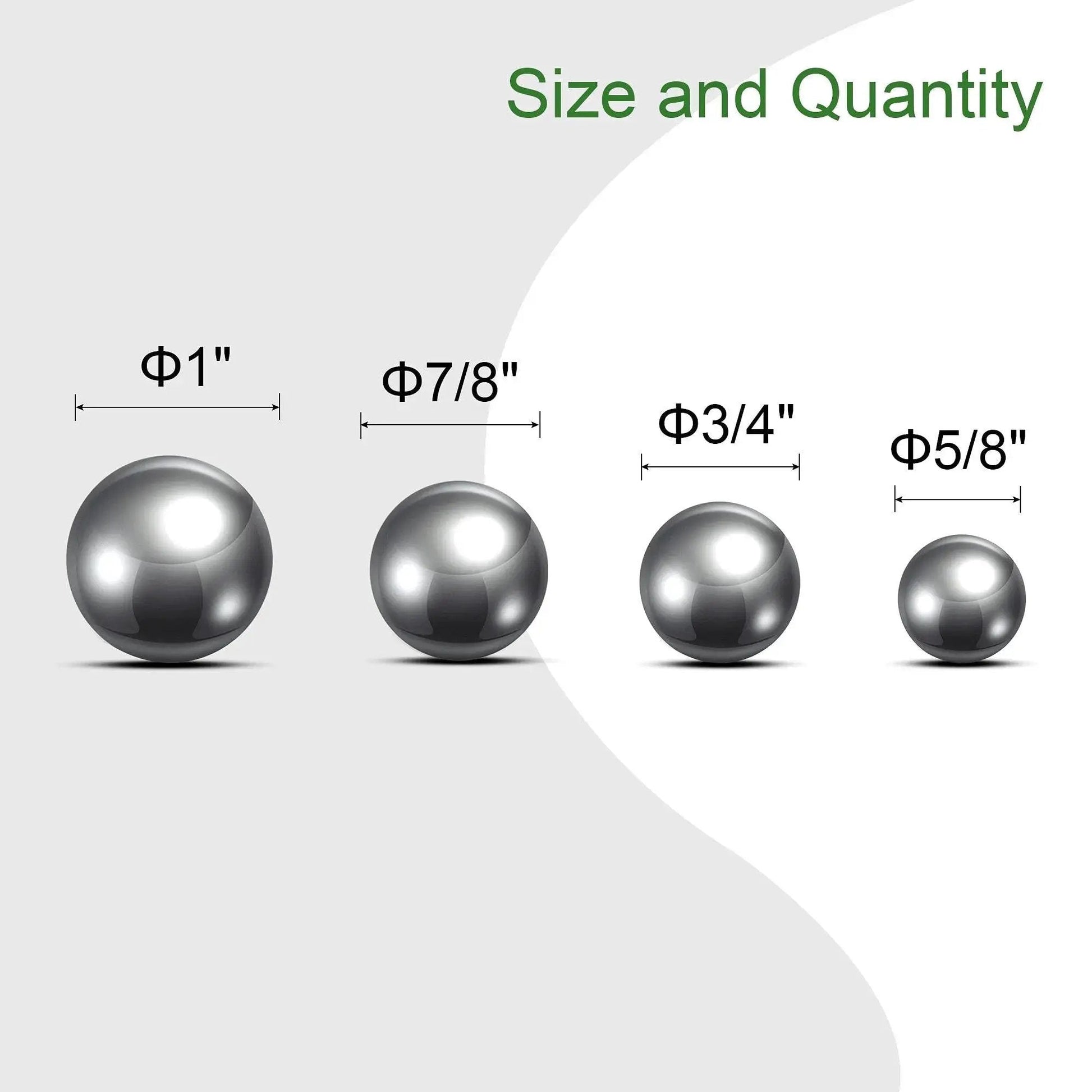 Four size stainless steel bearing balls set, includes 1 inch, 7/8 inch, 3/4 inch, 5/8 inch, precision grade, 304 stainless steel