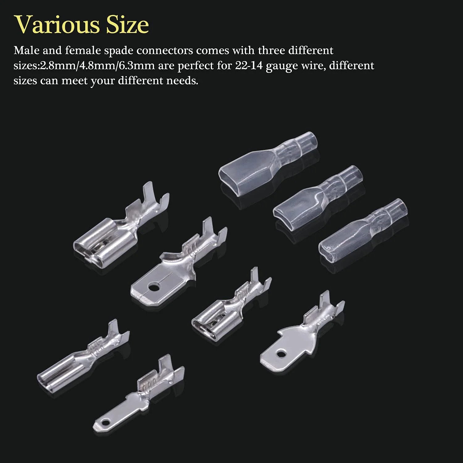Premium Quick Splice Spade Connector Kit For Electrical Wiring And Car Audio 360Pcs In 2.8 4.8 And 6.3mm Sizes on display
